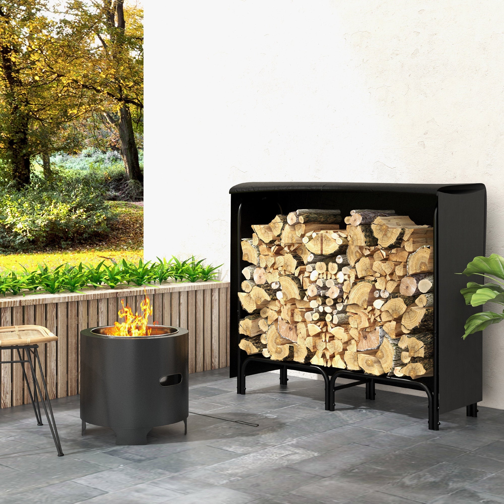 Outsunny 4ft Outdoor Firewood Rack with Cover and Carrier, Adjustable Wood Storage Holder, Indoor Outdoor Log Rack, Black 