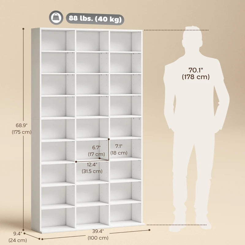 Media Storage Cabinet, 9-Tier DVD Shelf with 21 Adjustable Shelves, Holds 835 CDs, 500 DVDs or 640 Blu-rays, White
