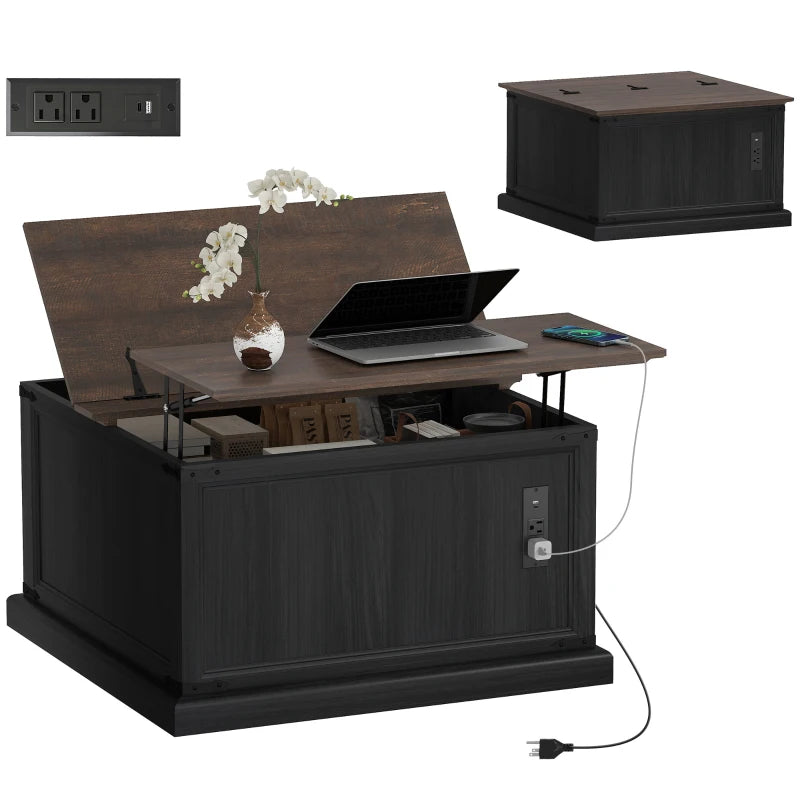 Lift Top Coffee Table with Charging Station, Square Farmhouse Center Table with Hidden Storage, Black Wood Grain