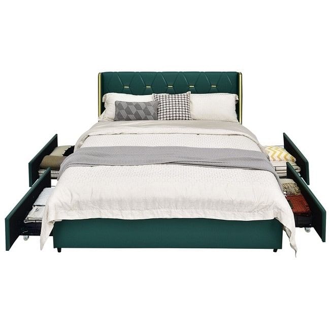 Full Size Green/Gold Linen Headboard 4 Drawer Storage Platform Bed - Free Shipping