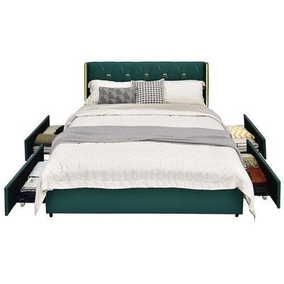Full Size Green/Gold Linen Headboard 4 Drawer Storage Platform Bed - Free Shipping 