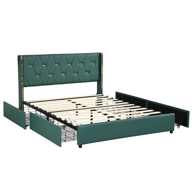 Full Size Green/Gold Linen Headboard 4 Drawer Storage Platform Bed - Free Shipping