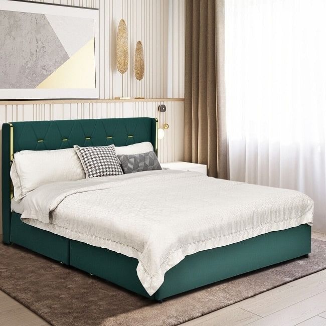 Full Size Green/Gold Linen Headboard 4 Drawer Storage Platform Bed - Free Shipping