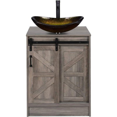 Modern Bathroom Vanity in Rustic Farmhouse Wood Finish with Gold Glass Sink - Free Shipping 