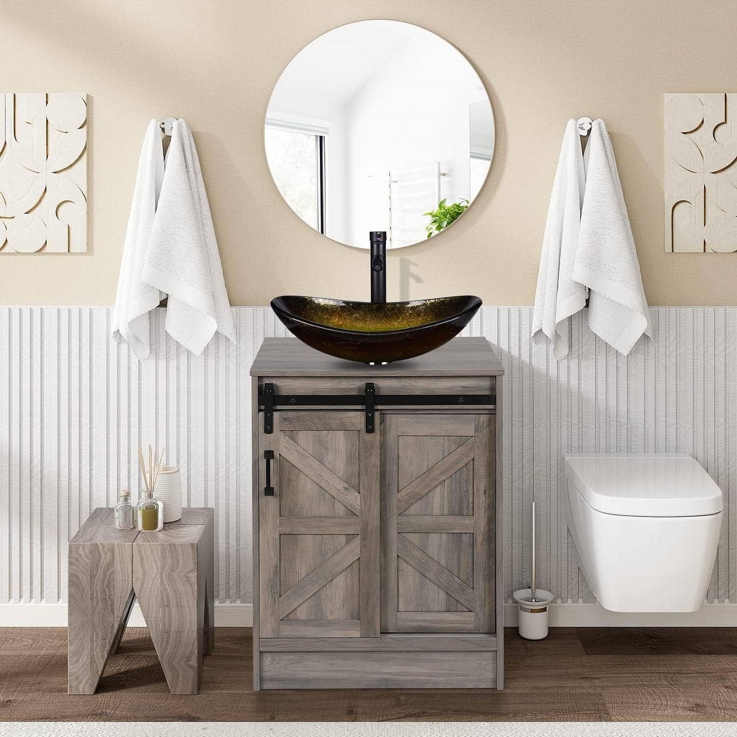 Modern Bathroom Vanity in Rustic Farmhouse Wood Finish with Gold Glass Sink - Free Shipping