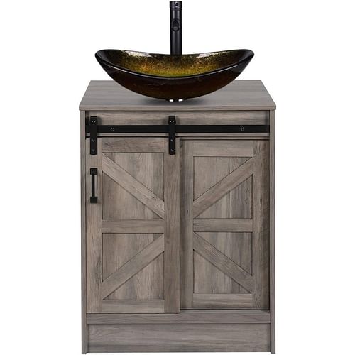 Modern Bathroom Vanity in Rustic Farmhouse Wood Finish with Gold Glass Sink - Free Shipping