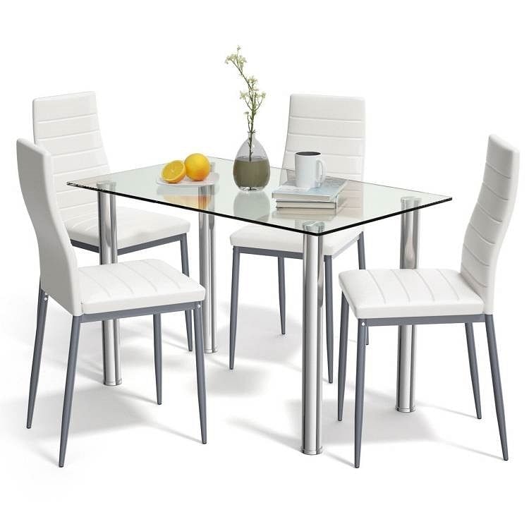 Modern 5-Piece Dining Set with Glass Top Table and 4 White PVC Leather Chairs - Free Shipping