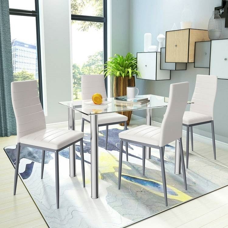 Modern 5-Piece Dining Set with Glass Top Table and 4 White PVC Leather Chairs - Free Shipping