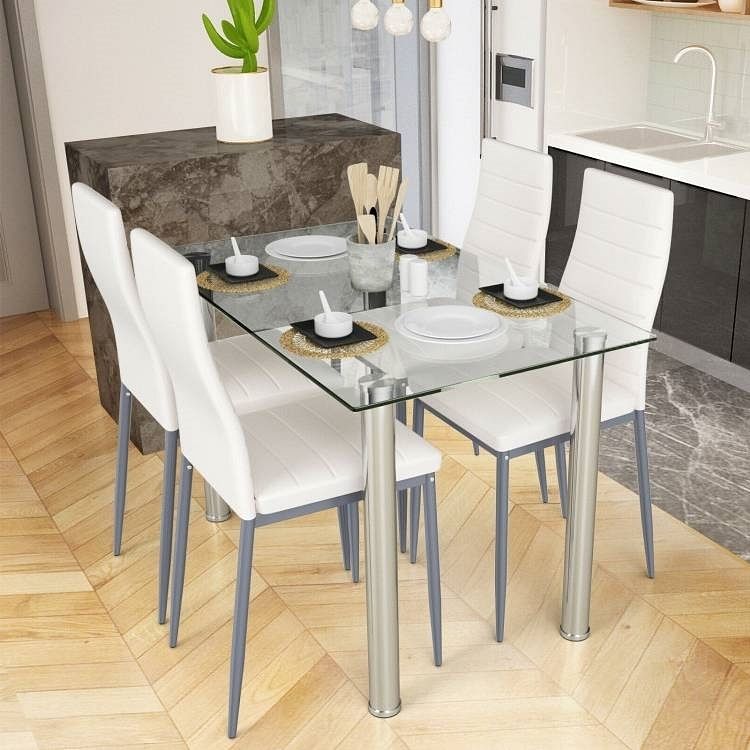 Modern 5-Piece Dining Set with Glass Top Table and 4 White PVC Leather Chairs - Free Shipping