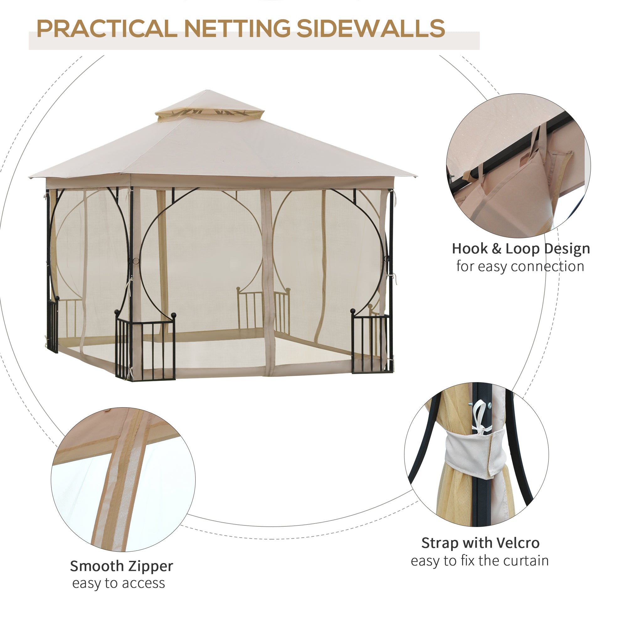 Outsunny 10'x10' Soft-top Steel Patio Gazebo Canopy for with Double-tier Top, Mosquito Netting, Beige 
