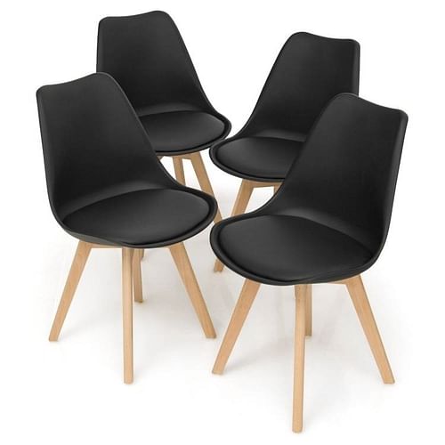 Set of 4 Modern Mid-Century Style Black PU Leather Dining Chairs with Wood Legs - Free Shipping