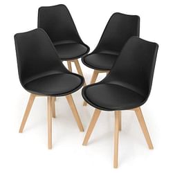 Set of 4 Modern Mid-Century Style Black PU Leather Dining Chairs with Wood Legs - Free Shipping 