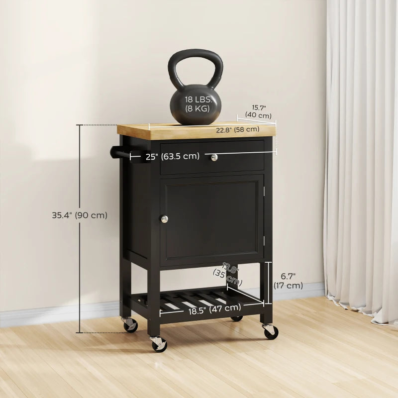 Kitchen Island on Wheels, Rolling Kitchen Cart with Wood Top, Towel Rack, Drawer and Shelf for Dining Area, Black