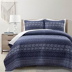 Full/Queen Scandinavian Chevron Navy Blue White Reversible Cotton Quilt Set - Free Shipping