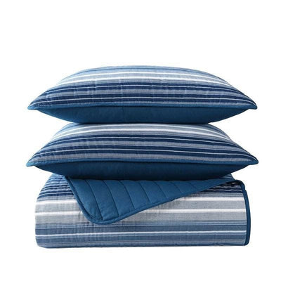 Full/Queen Size Coastal Blue Stripe Reversible Cotton Quilt Set - Free Shipping 