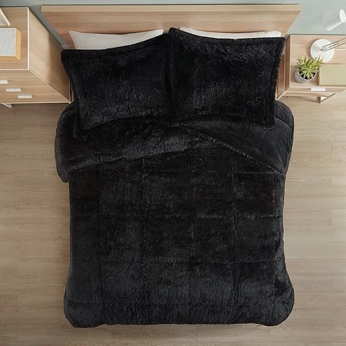 Full/Queen Black Soft Sherpa Faux Fur 3-Piece Comforter Set with Pillow Shams - Free Shipping 