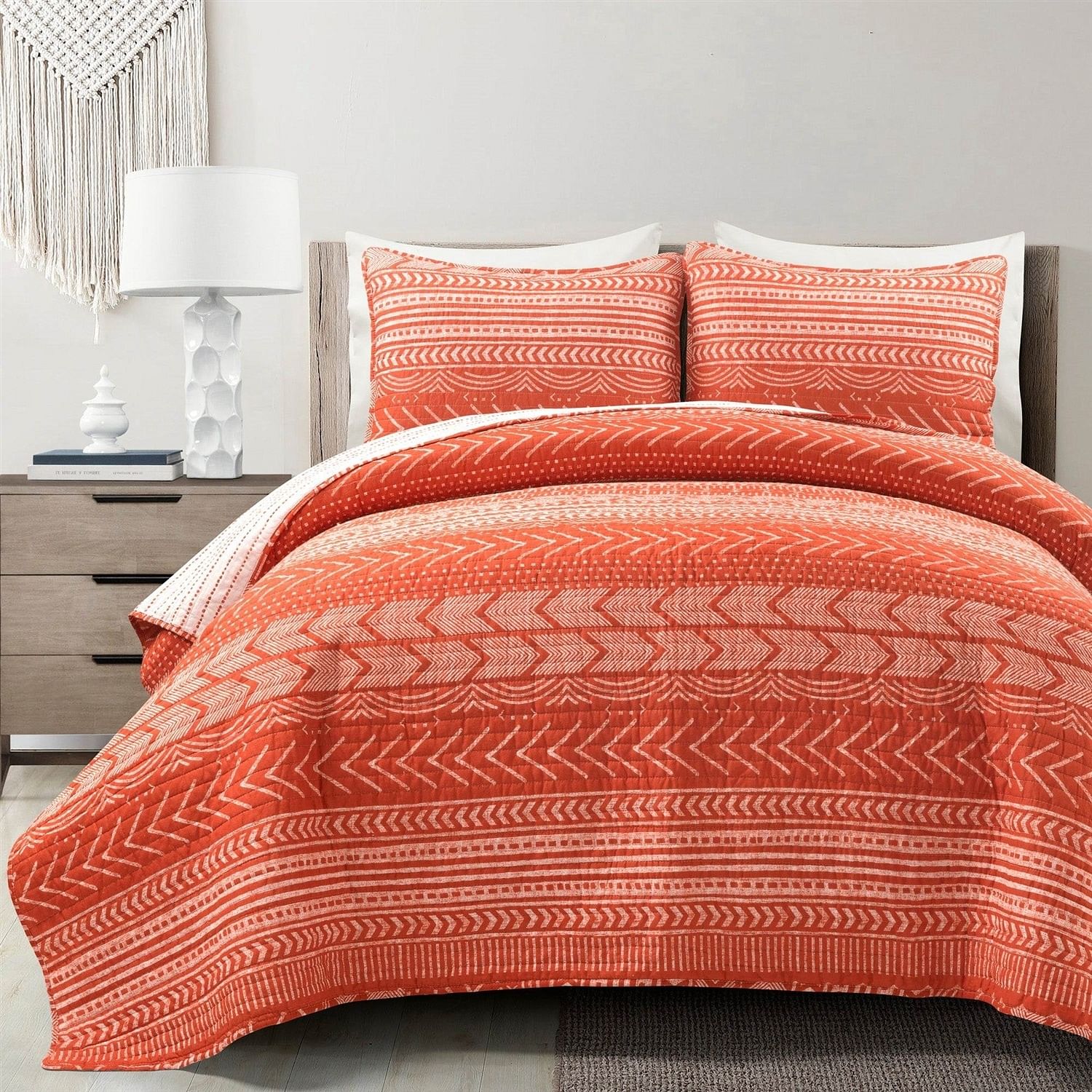 Full/Queen Scandinavian Chevron Orange White Stripe Reversible Cotton Quilt Set - Free Shipping