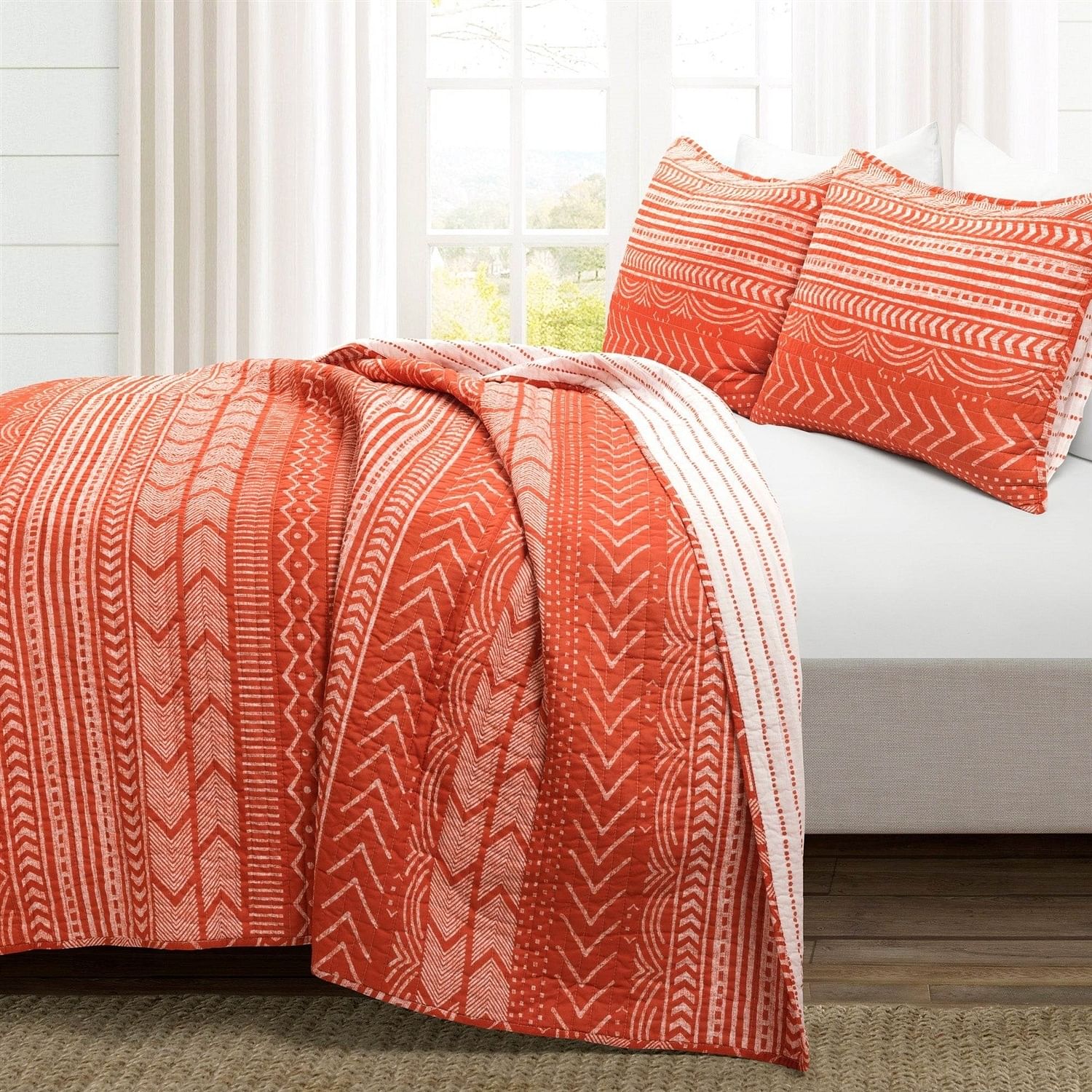 Full/Queen Scandinavian Chevron Orange White Stripe Reversible Cotton Quilt Set - Free Shipping 