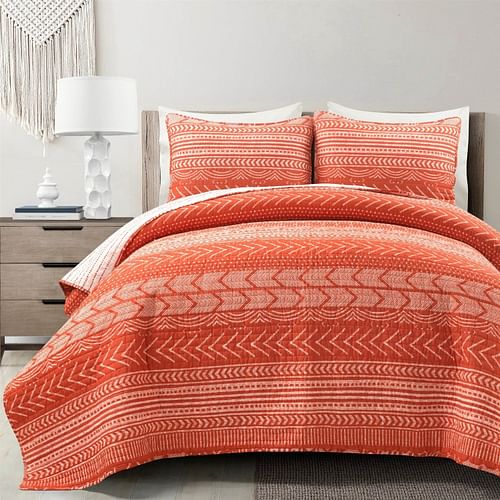 Full/Queen Scandinavian Chevron Orange White Stripe Reversible Cotton Quilt Set - Free Shipping 