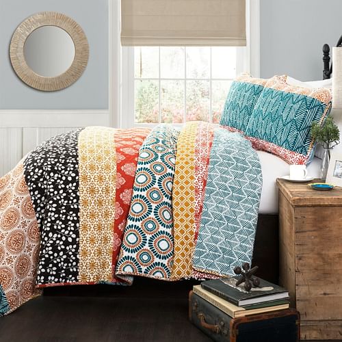 Full/Queen size Cotton 3 Piece Reversible Teal Orange Bohemian Stripe Quilt Set - Free Shipping