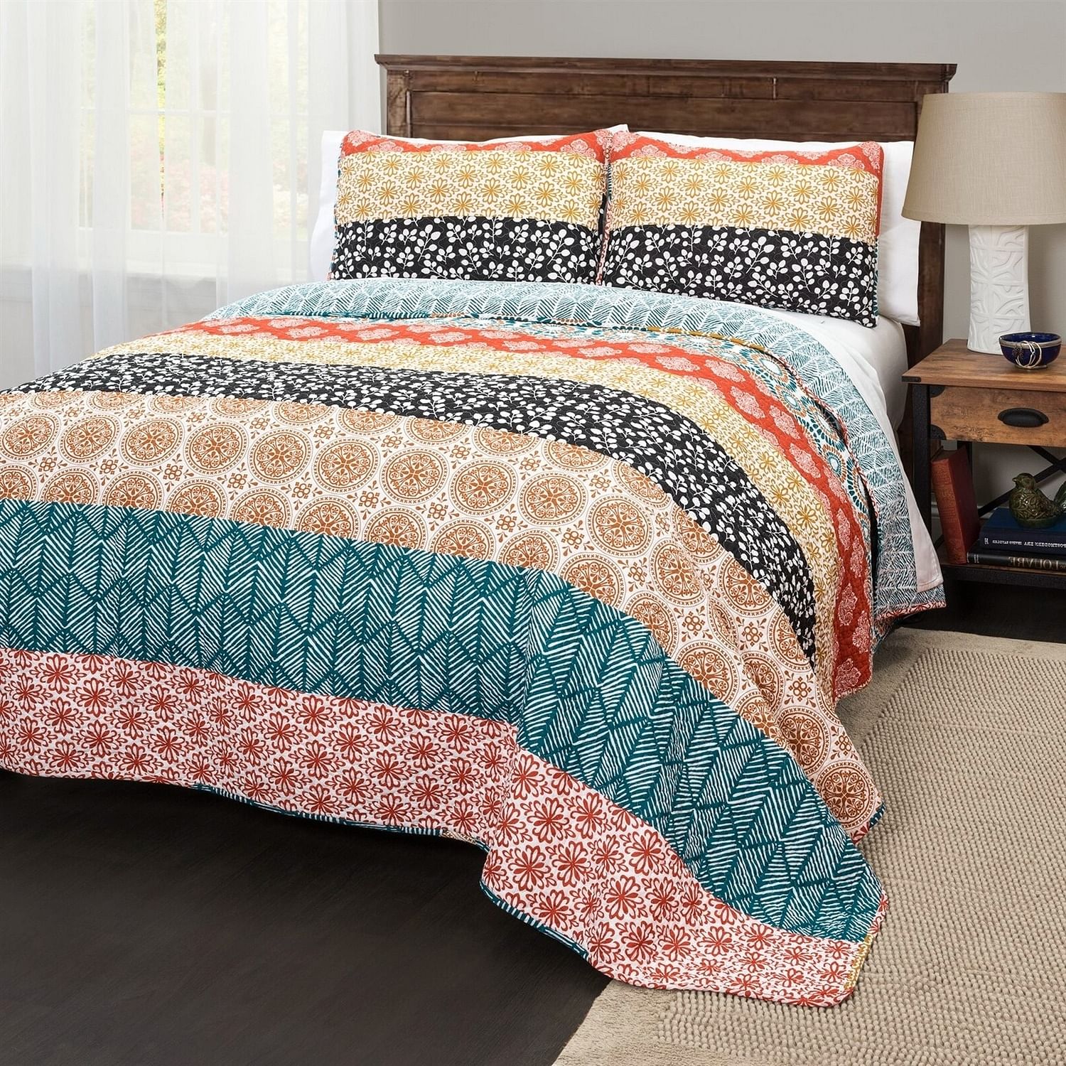 Full/Queen size Cotton 3 Piece Reversible Teal Orange Bohemian Stripe Quilt Set - Free Shipping