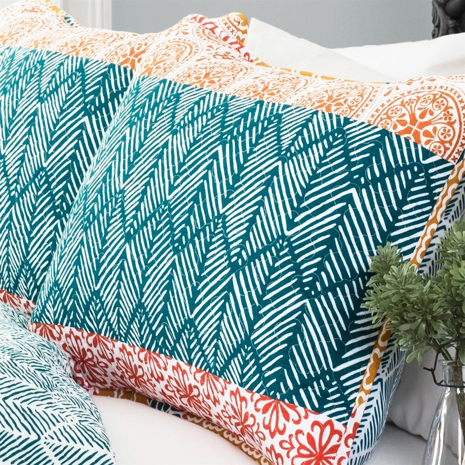 Full/Queen size Cotton 3 Piece Reversible Teal Orange Bohemian Stripe Quilt Set - Free Shipping