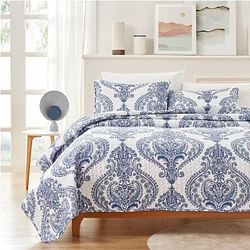 Full/Queen Size Soft Microfiber Reversible Blue/White Baroque Design Quilt Set - Free Shipping