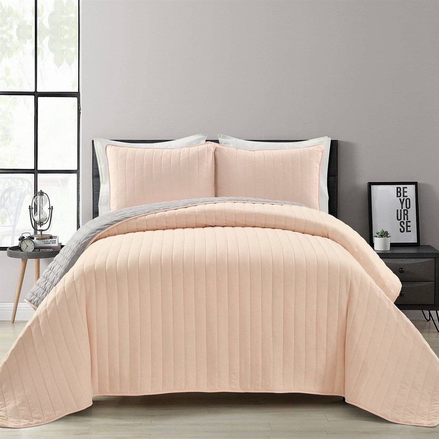 Full/Queen Soft Reversible Lightweight Quilt Set in Rose Blush Pink and Grey - Free Shipping