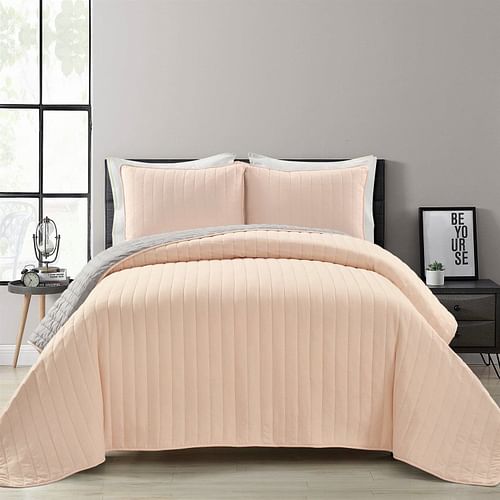 Full/Queen Soft Reversible Lightweight Quilt Set in Rose Blush Pink and Grey - Free Shipping