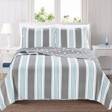 Full/Queen 3 Piece Coastal Starfish Sand Dollar Grey Blue White Quilt Set - Free Shipping 