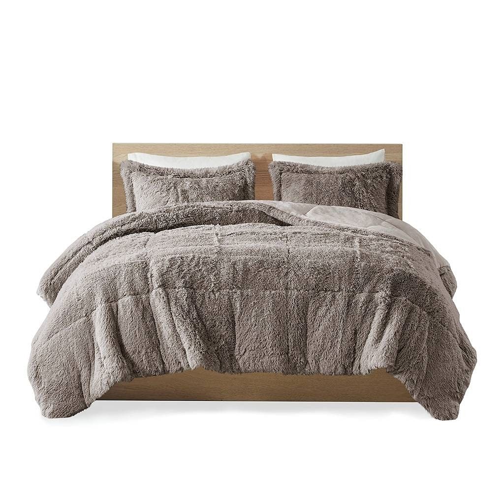 Full/Queen Grey Soft Sherpa Faux Fur 3-Piece Comforter Set with Pillow Shams - Free Shipping 