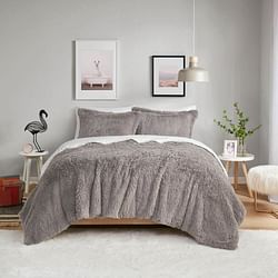 Full/Queen size Grey Reversible Soft Sherpa Faux Fur 3-Piece Comforter Set - Free Shipping 