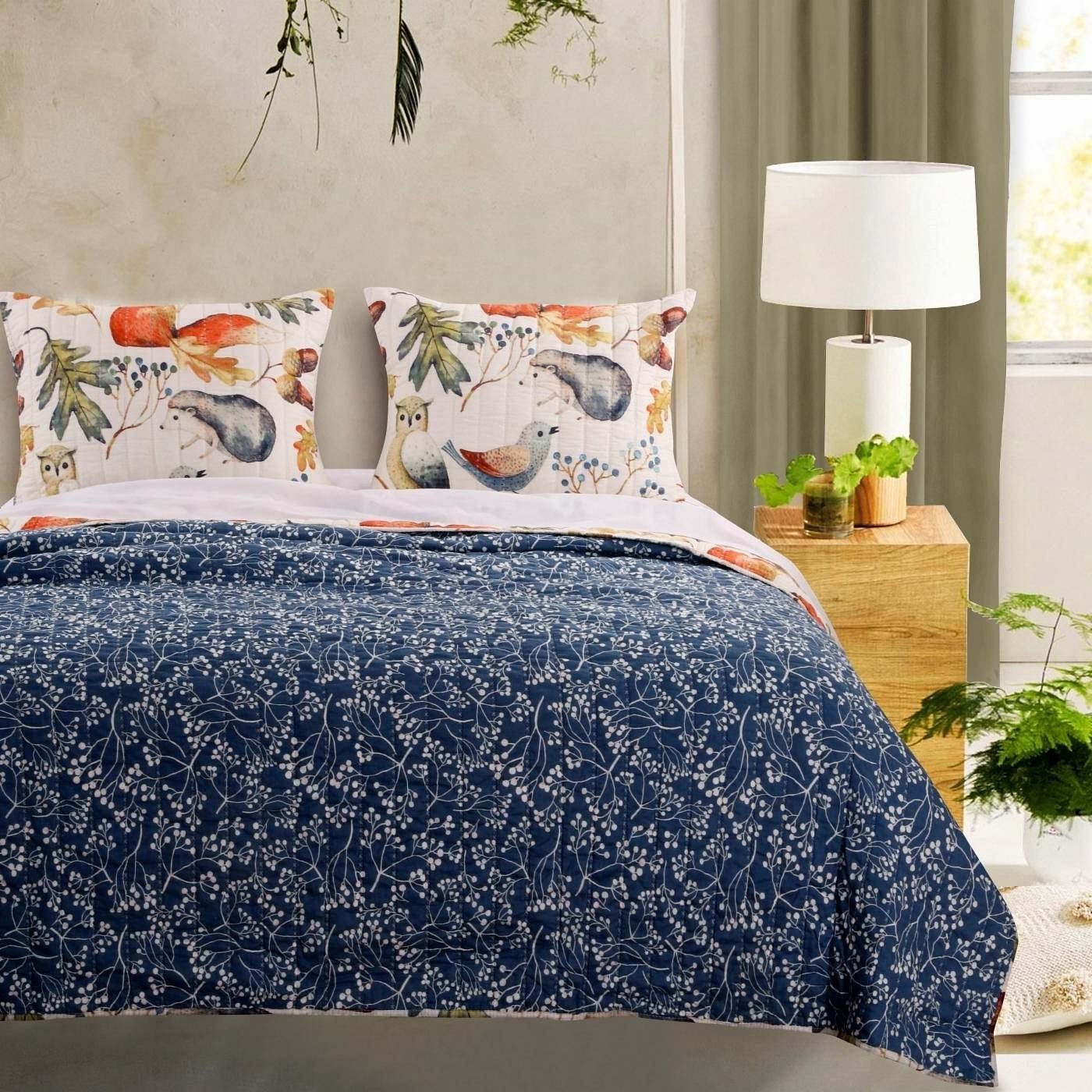 Full/Queen Blue Beige Birds Animals Floral Microfiber Reversible Quilt Set - Free Shipping