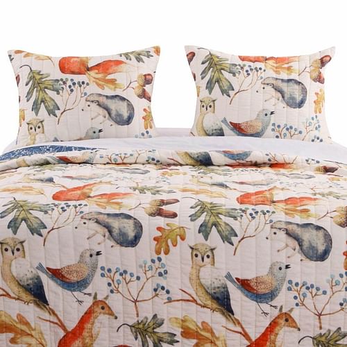 Full/Queen Blue Beige Birds Animals Floral Microfiber Reversible Quilt Set - Free Shipping