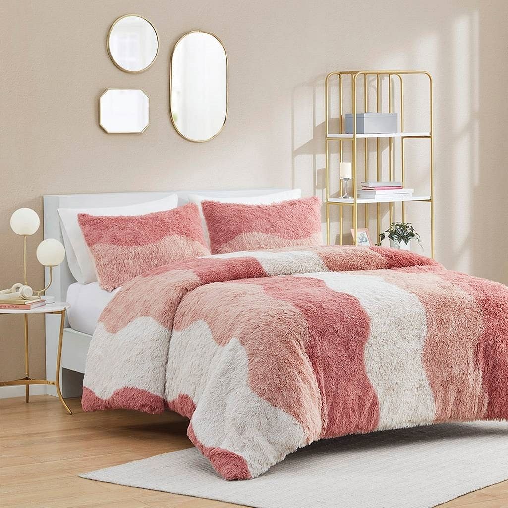 Full/Queen Pink Blush White Reversible Soft Sherpa Faux Fur 3-PC Comforter Set - Free Shipping 