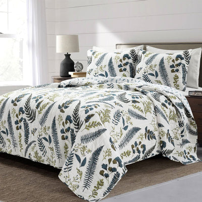 Full/Queen Reversible Cotton Lightweight Floral Fern Leaves 3 Piece Quilt Set - Free Shipping 