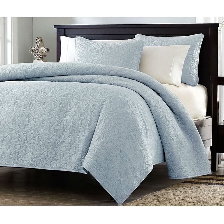 Full / Queen size Quilted Bedspread Coverlet with 2 Shams in Light Blue - Free Shipping 