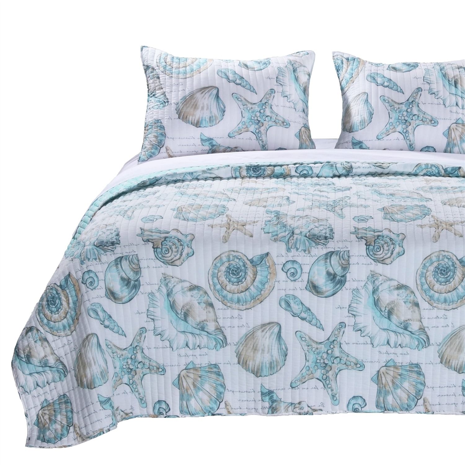 Full / Queen Coastal Seashells White Teal 3 Piece Polyester Reversible Quilt Set - Free Shipping