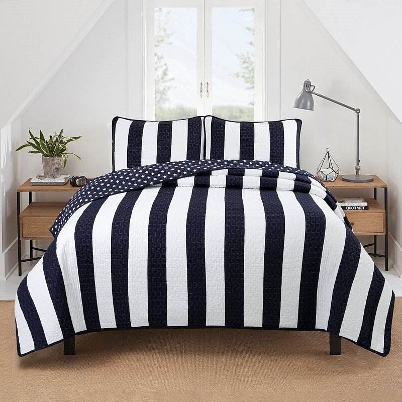 Full/Queen 3 Piece Navy Blue White Stars Stripes 100-Percent Cotton Quilt Set - Free Shipping