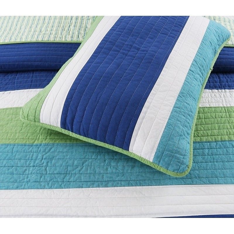 Full/Queen Navy Blue/Green/Teal/White Stripe 100-Percent Cotton Quilt Set - Free Shipping