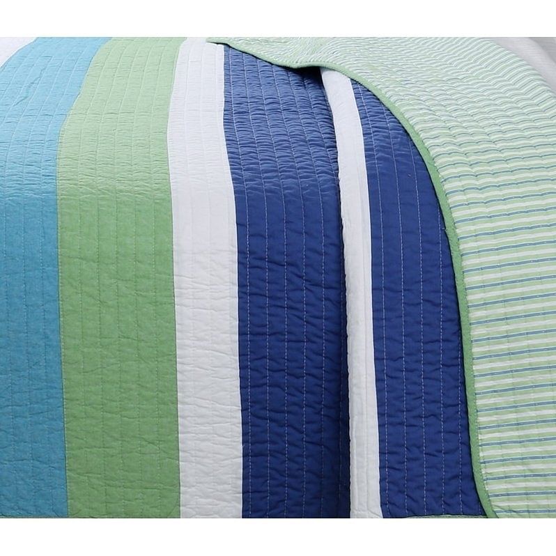 Full/Queen Navy Blue/Green/Teal/White Stripe 100-Percent Cotton Quilt Set - Free Shipping