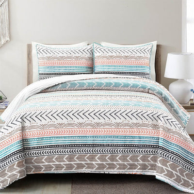 Full/Queen Scandinavian Chevron Teal White Orange Reversible Cotton Quilt Set - Free Shipping 