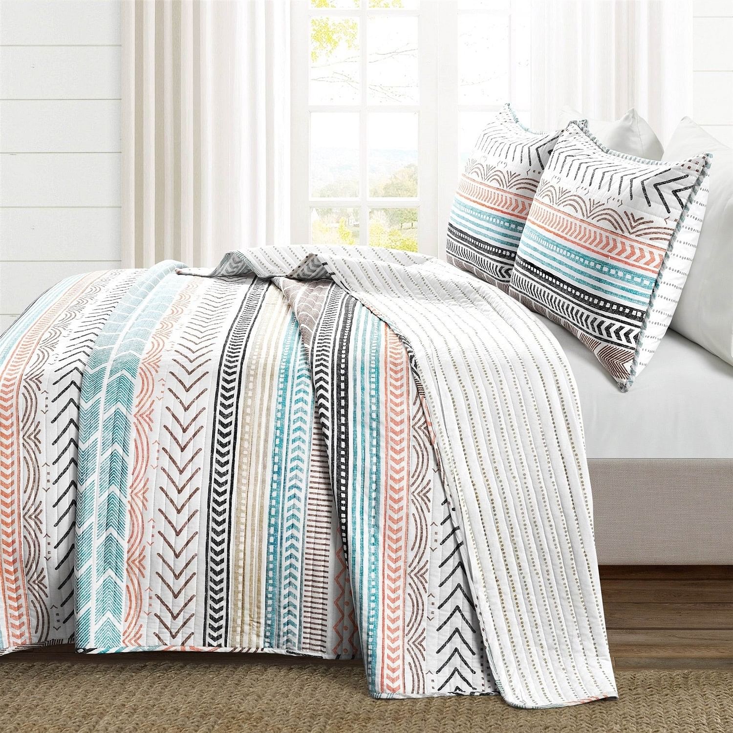 Full/Queen Scandinavian Chevron Teal White Orange Reversible Cotton Quilt Set - Free Shipping