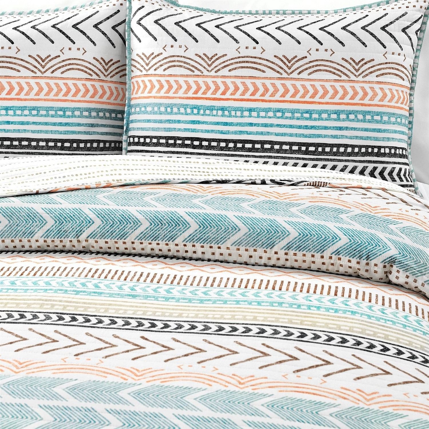 Full/Queen Scandinavian Chevron Teal White Orange Reversible Cotton Quilt Set - Free Shipping