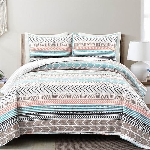 Full/Queen Scandinavian Chevron Teal White Orange Reversible Cotton Quilt Set - Free Shipping