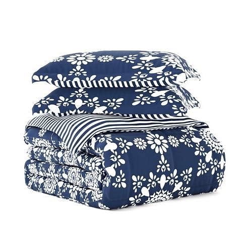 Full/Queen size 3-Piece Navy Blue White Reversible Floral Striped Comforter Set - Free Shipping 