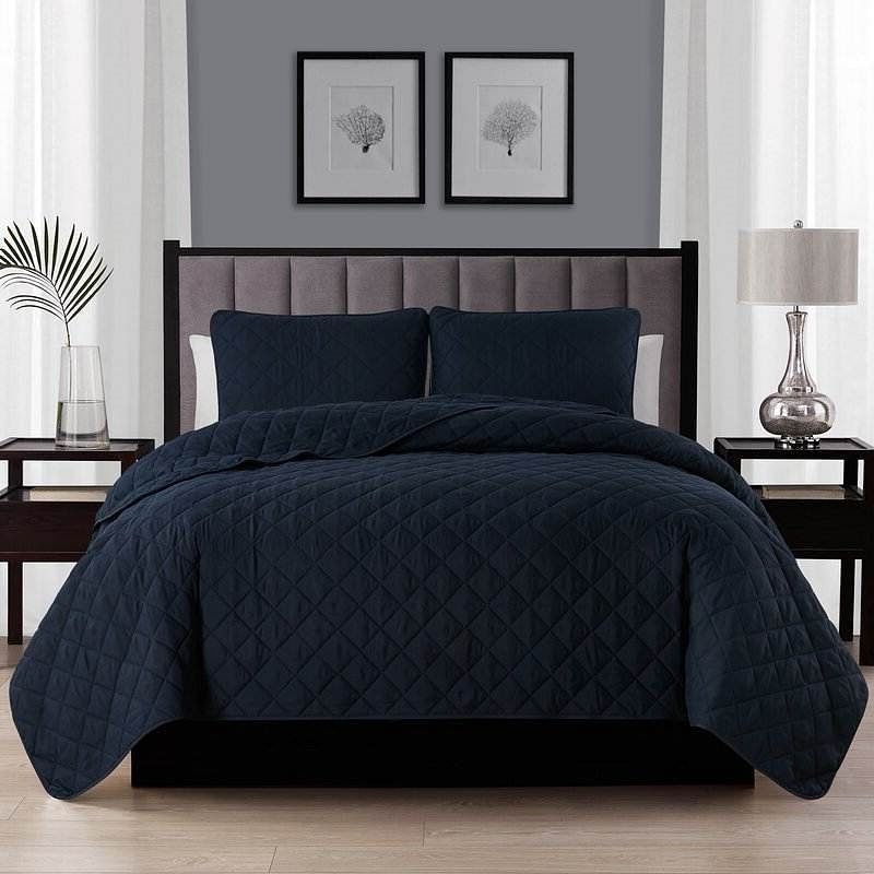 Full Queen 3-Piece Navy Blue Polyester Microfiber Reversible Diamond Quilt Set - Free Shipping 