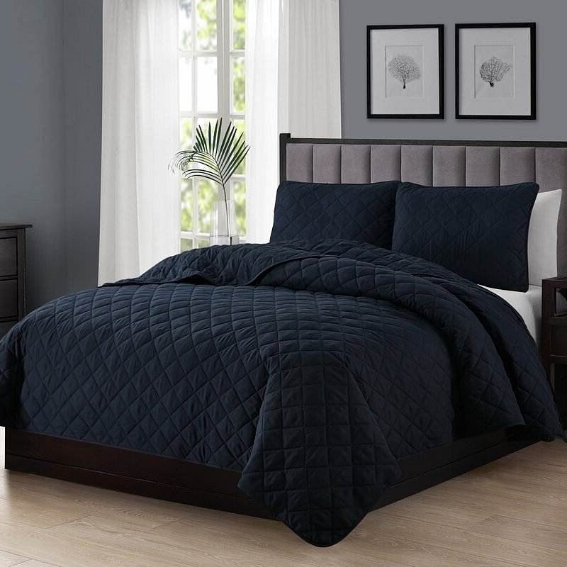 Full Queen 3-Piece Navy Blue Polyester Microfiber Reversible Diamond Quilt Set - Free Shipping