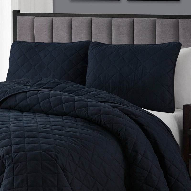 Full Queen 3-Piece Navy Blue Polyester Microfiber Reversible Diamond Quilt Set - Free Shipping