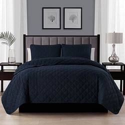 Full Queen 3-Piece Navy Blue Polyester Microfiber Reversible Diamond Quilt Set - Free Shipping